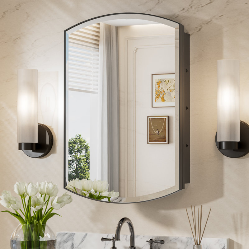 Arch Medicine Cabinet with Storage, Beveled Glass, Adjustale Shelves,Metal Frame, Black, 30"H x 20"W x 5.11"D