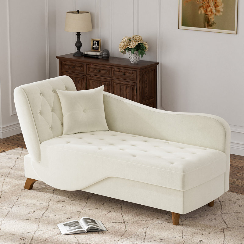 Beige Velvet Upholstered Chaise Lounge with Wooden Legs