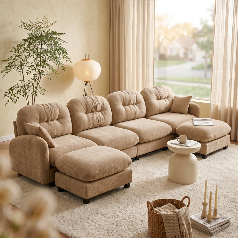 Canapé modulaire minimaliste en chenille plissée avec 2 poufs, canapé d'angle 4 places en forme de U, couleur camel
