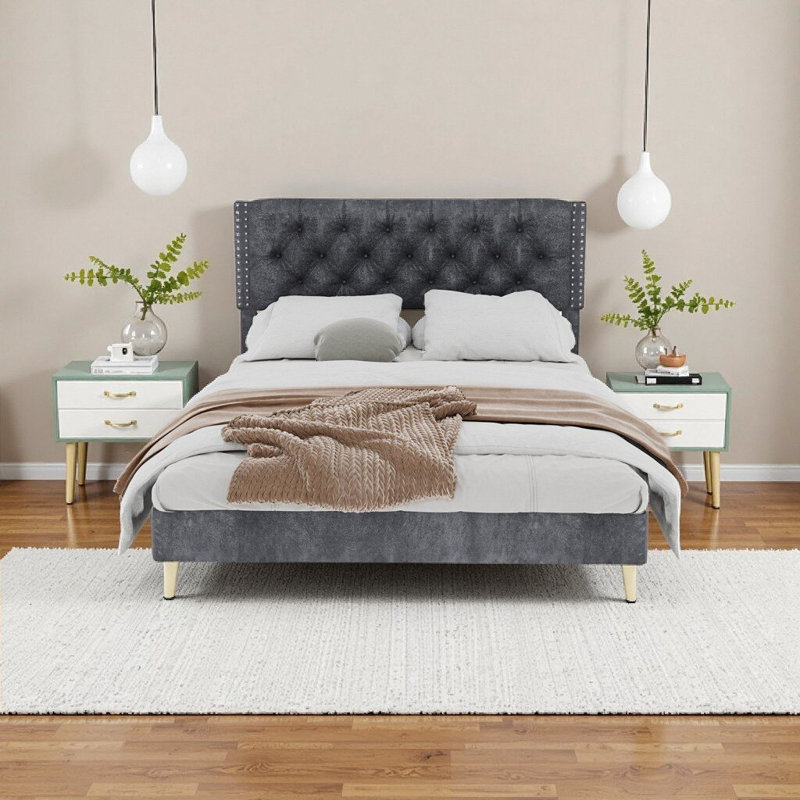 Lit de luxe grand capitonné en velours - Structure de lit tapissier gris doux avec support robuste pour une chambre confortable
