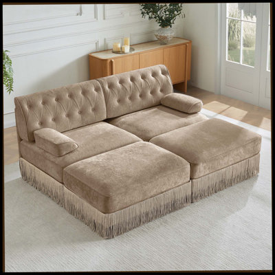 With 2 Ottoman, Breathable Comfort Velvet Fabric,Tassel Skirt Chesterfield Style Sofa, Free Combination, Slightly Curved Square Armrests, Premium Wooden Base, Easy To Assemble, For Living Room,Camel