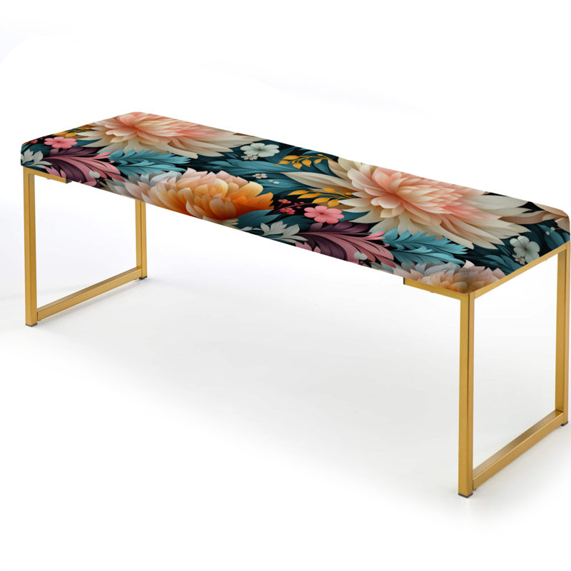 Banc floral rembourré or, Plume multicolore enjouée