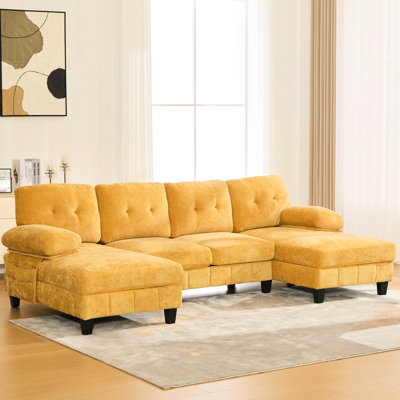 En forme de U pour le luxe et le confort du salon avec deux chaises longues, des compartiments de rangement, un coussin d'accoudoir en chenille jaune et des coussins moelleux