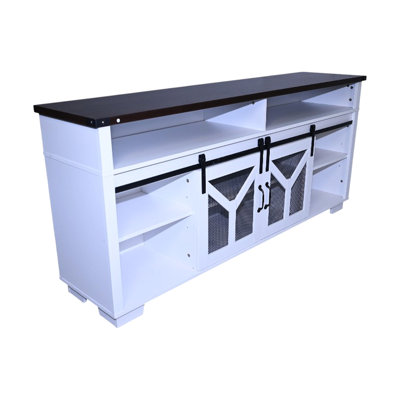 Meuble télé 65,3 po avec bandes à DEL, porte de grange coulissante en maille de fer et embellissement en forme de Y, plateau blanc en noyer noir, style traditionnel américain pour le salon, convient aux téléviseurs de 65 po, facile à nettoyer