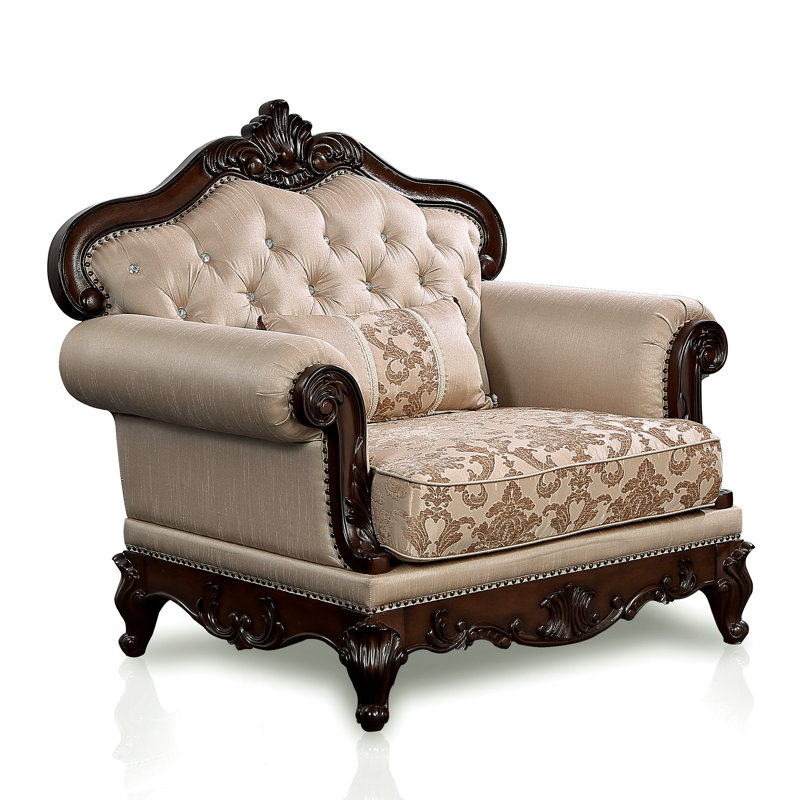Barbato 48.5''W Tufted Chair with Damask Pattern, Brown Polyester