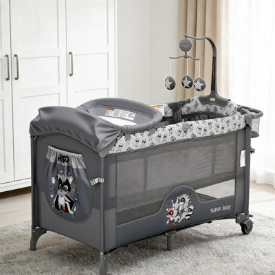 Ensemble de lit de bébé 4 en 1 pour couchette de chevet portable avec table à langer, roues verrouillables, porte à fermeture à glissière, rangement et barre à jouets pour tout-petits, gris foncé