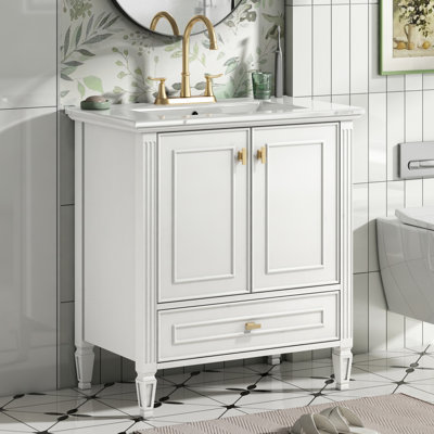 Meuble-lavabo autoportant avec lavabo, 1 tiroir, 2 portes à fermeture en douceur et rangement de porte, structure en bois massif