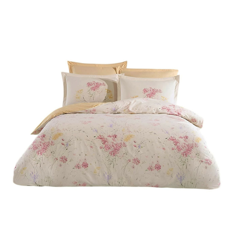 Ensembles de literie 4 pièces simples et doubles matelassés toutes saisons en 100% coton turc, Motif floral rose