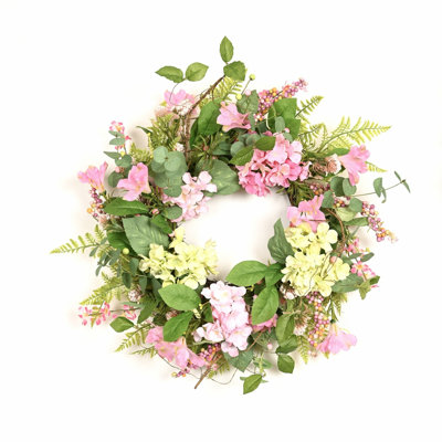 Couronne de fleurs artificielle 24 po pour jardin d'été, printemps, été, verdure, baies et hortensia