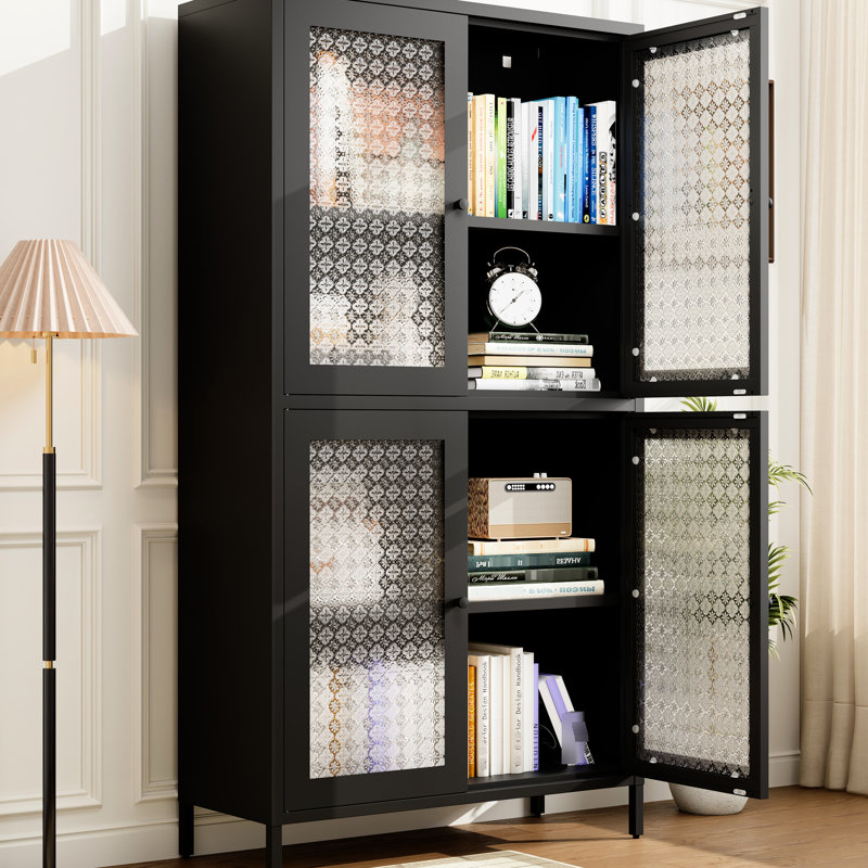 Classic Metal Storage Cabinet With 4 Glass Door Panels - Freestanding For Home, Office, Kitchen Black Elegance Tipping Feature Office