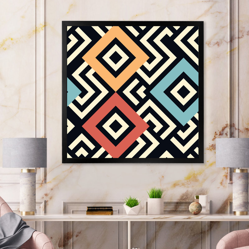 Carrés méandres géométriques, bleu rouge, orange I - Impression sur toile, H 36 po x l 36 po, Cadre noir