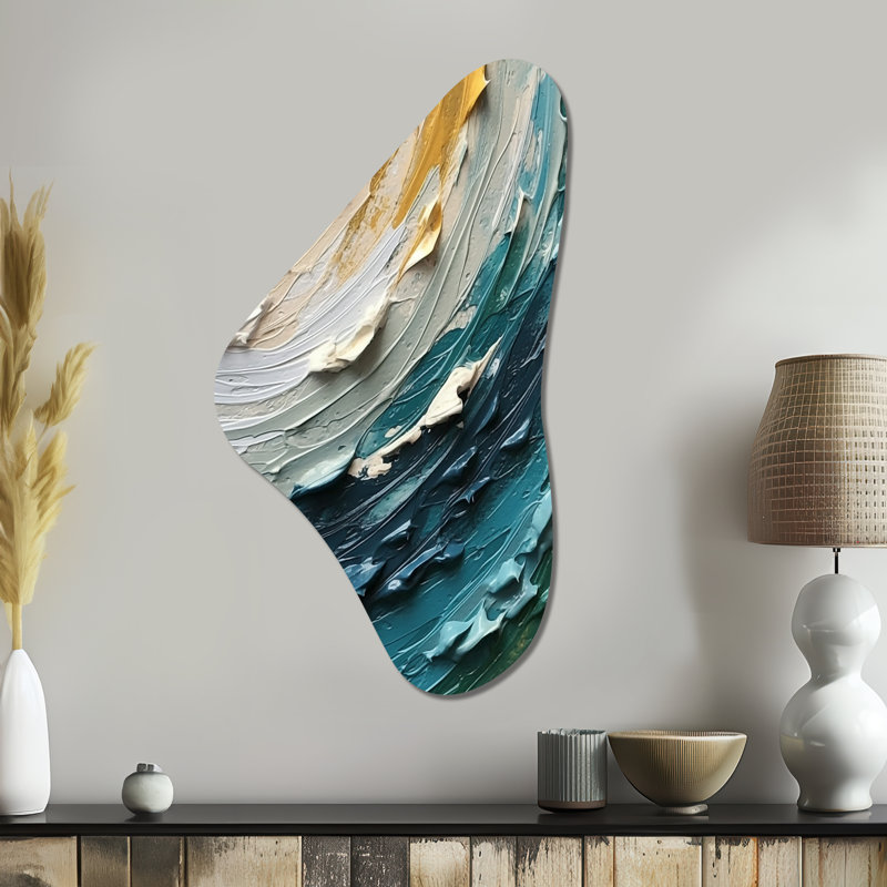 «Teal Cream», art mural asymétrique en métal, H 39 po x l 21 po x P 1 po