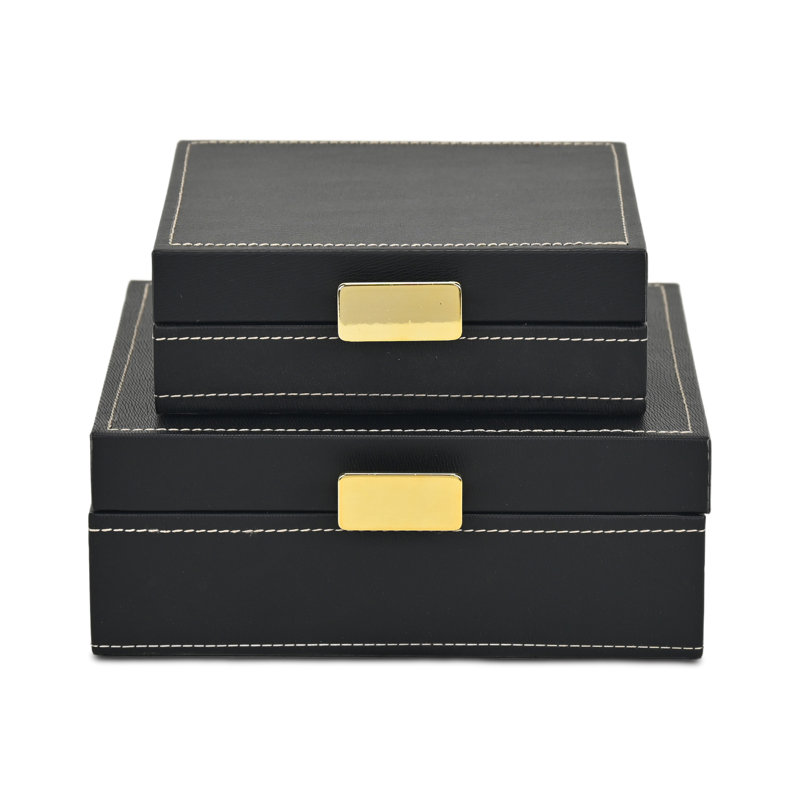 Ensemble de 2 boîtes avec accents cousus et poignées dorées Lithos, Noir