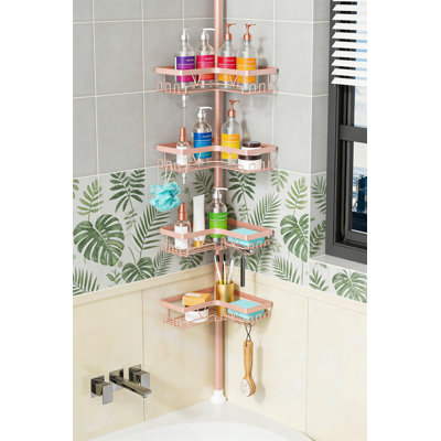 4-Tier Corner Shower Caddy Tension Pole, Rustproof Bathroom Organizer, 25-114.2 Inch, Blush Nude