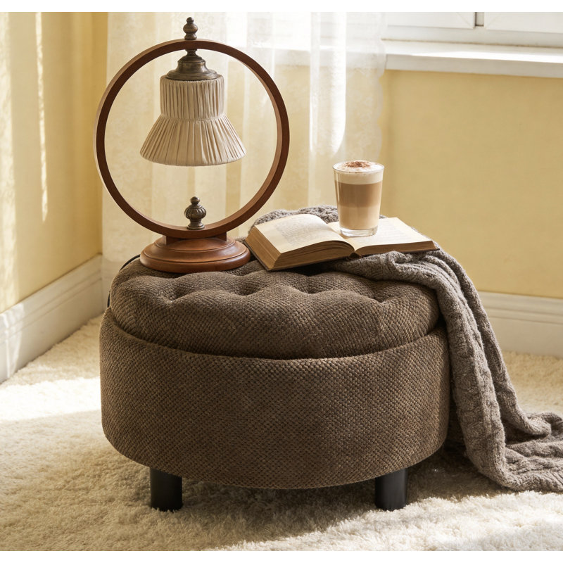 25" W Round Storage Ottoman with Reversible Lid, Button Tufted Upholstered Footstool Modern Small Coffee Table for Living Room