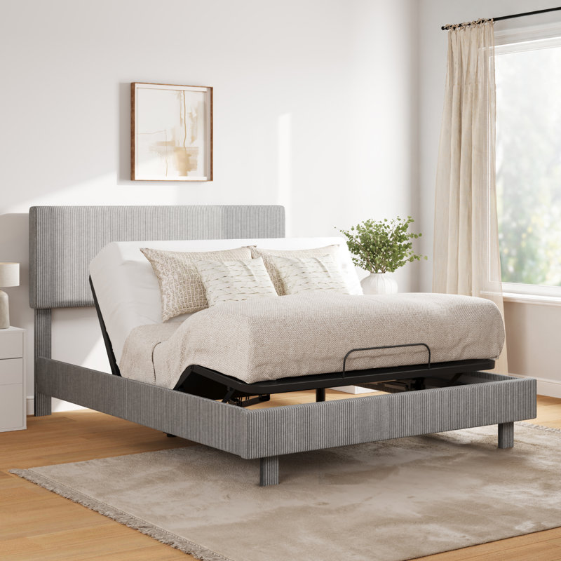 Upholstered All-in-One Adjustable Bed Frame Queen with Integrated Electric Base, Remote Control, Quiet Motor, Adjustable Headboard for 8–14" Mattresses, Vertical Channel Tufting, Light Gray