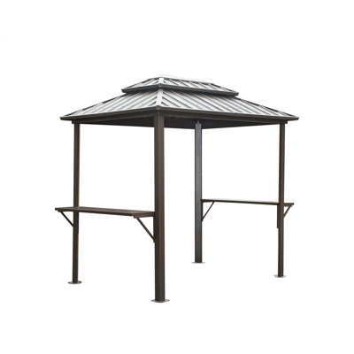 Grill Gazebo 8' × 6', Aluminum BBQ Gazebo Outdoor Metal Frame With Shelves Serving Tables, Permanent Double Roof Hard Top Gazebos For Patio Lawn Deck Backyard And Garden (Brown)