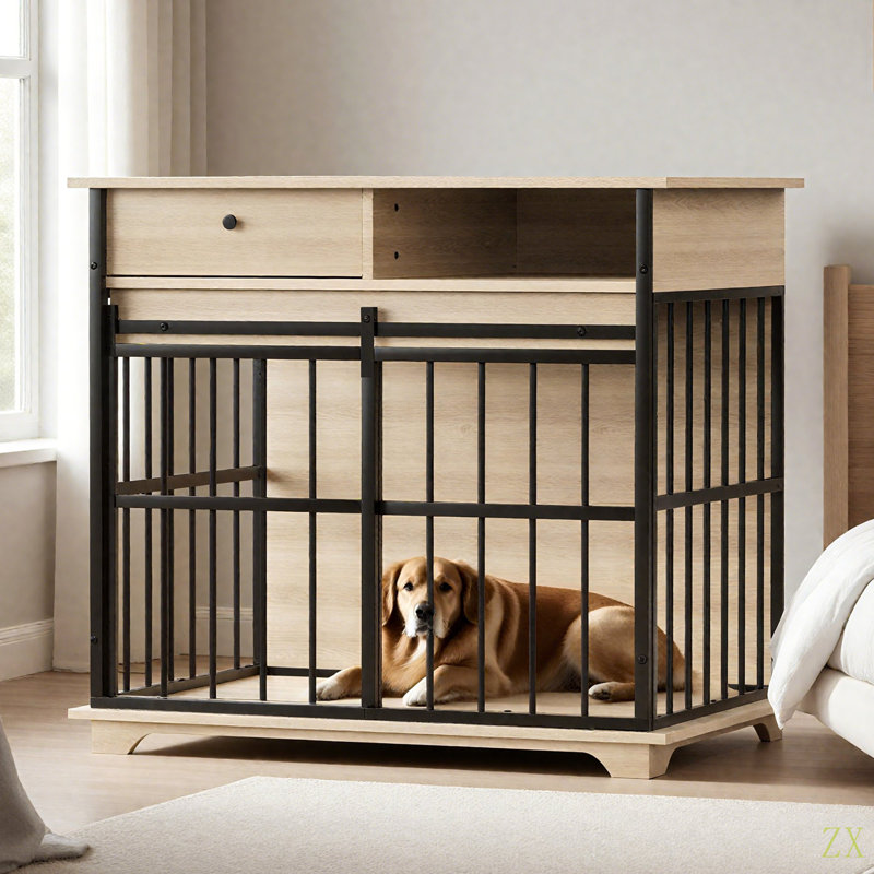 Meubles pour cage de chien, meubles pour grande cage avec plateau pour chiens de taille moyenne, chenil en bois, Naturel