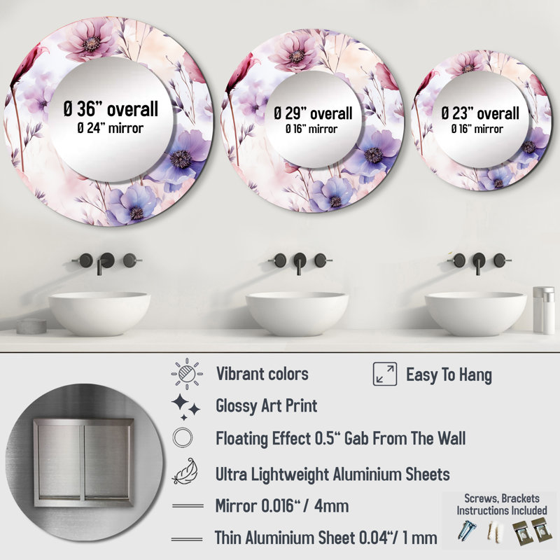 Pink And Purple Wildflower Paradise - Floral Unique Mirror, Cottage Large Round Wall Mirror, Printed Metal Art, 36" x 36"