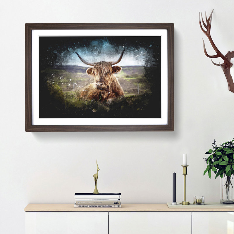 A Resting Highland Cow - Framed Print, 24cm H x 33cm W x 2cm D, Walnut Framed