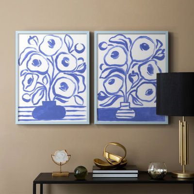 Blue Brush Flowers I-Premium Framed Print -Ready to Hang - No Nails Required - No Nails Required