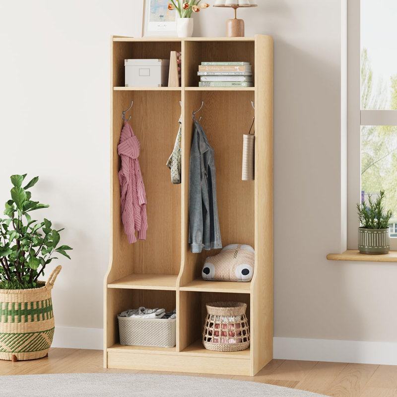 2-Section Classroom Coat Locker with 4 Cubbies, Daycare Cubby Storage Organizer with 4 Hooks, Ivory