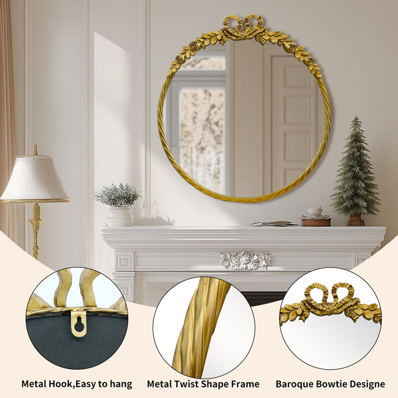 28" Round Vintage Gold Wall Mirror, 28" x 28"
