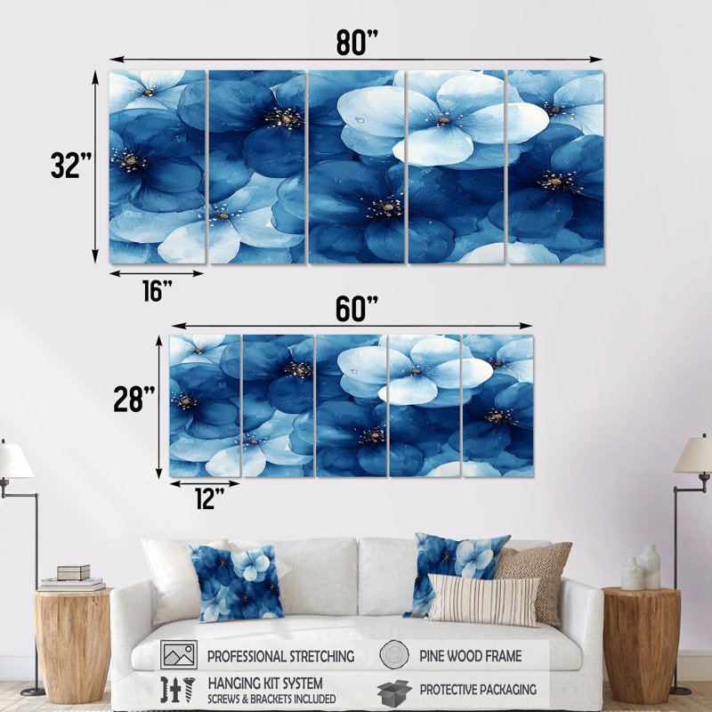 Sairsingh - Art mural fleurs sauvages - décoration murale traditionnelle 5 pièces, H 32 po x l 80 po
