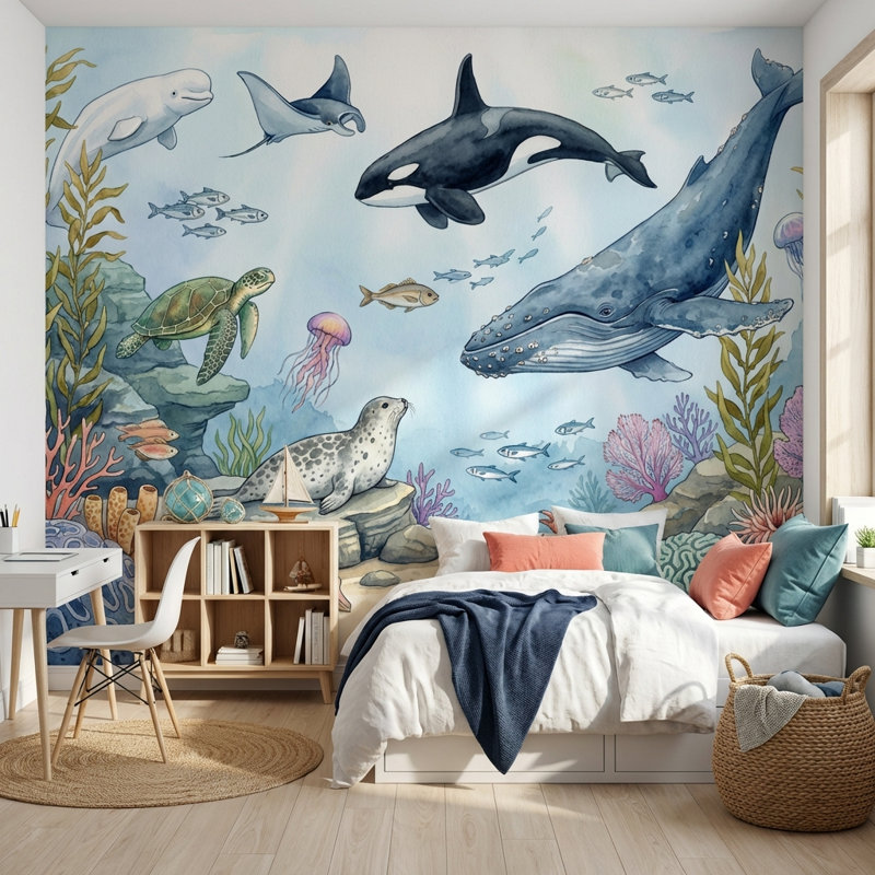 Papier peint sous-marin, aquarelle océanique, 80"x96", Non-Woven Nonpasted