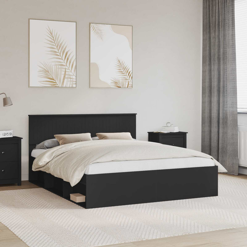 Solid Wood Bed, Black, European Kingsize (160 x 200 cm)