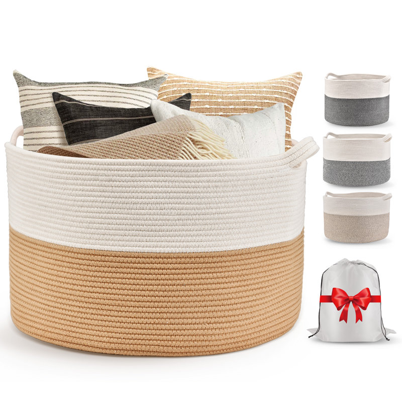 Panier en corde de coton, paniers de rangement, Jaune/blanc
