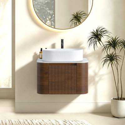 Meuble-lavabo de 24 po avec lavabo, armoire murale en noyer avec porte-serviettes gratuit, conception de lavabo simple en céramique rayée ovale blanche, sans drain et robinet, pré-assemblé
