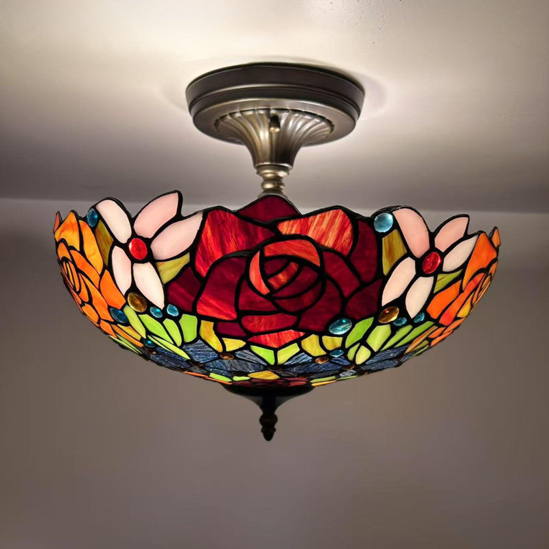 Plafonnier Tiffany avec fleurs roses en verre coloré inclus, Rouge / Bleu