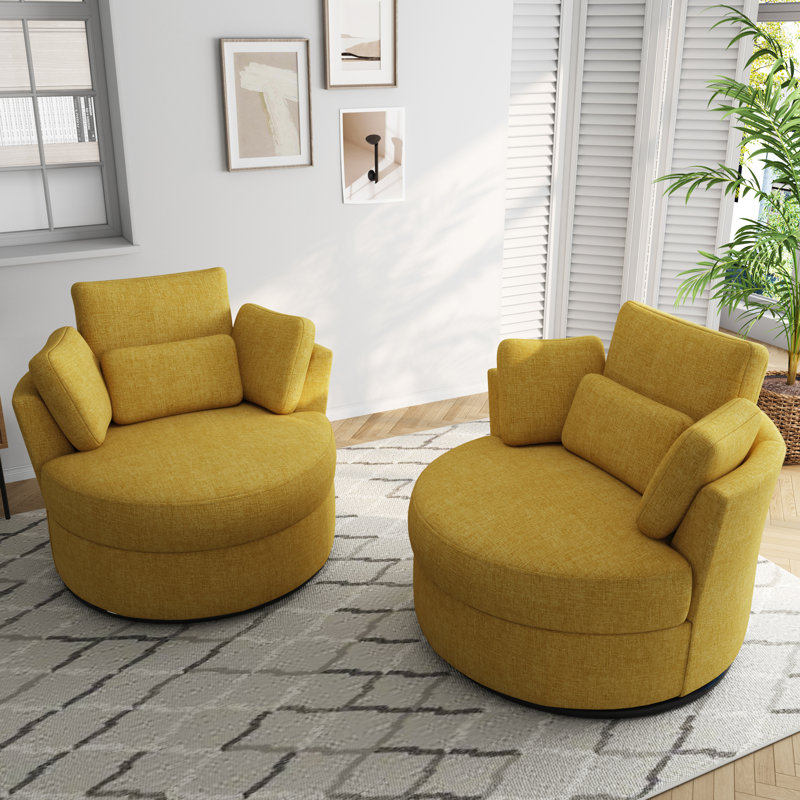 Upholstered Swivel Lounge Armchair With Pillow(Set of 2), Mustard Polyester Blend