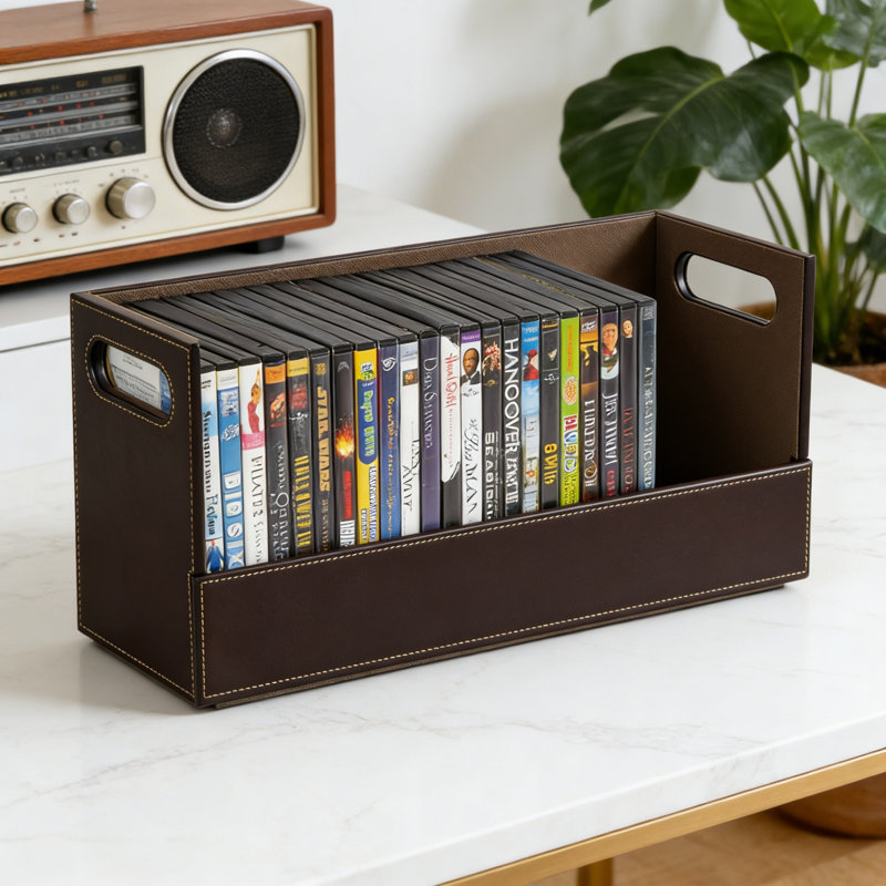 Multi-Media Storage Box For Dvds, Blu-Rays, Games & Cds - Holds 28, Leather-Like, Brown