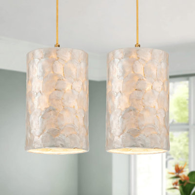 2-Pack D7in Capiz Shell Chandelier, 1-Light Coastal Design Light Fixture for Dining Room, Living Room, Kitchen Island, D7 x H18~66inch (Adjustable Height), Shell Lampshade & Gold Finish