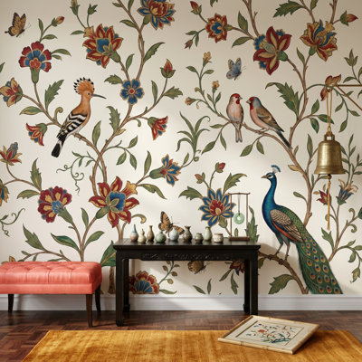 Papier peint paon à motif floral vigne sur fond crème amovible