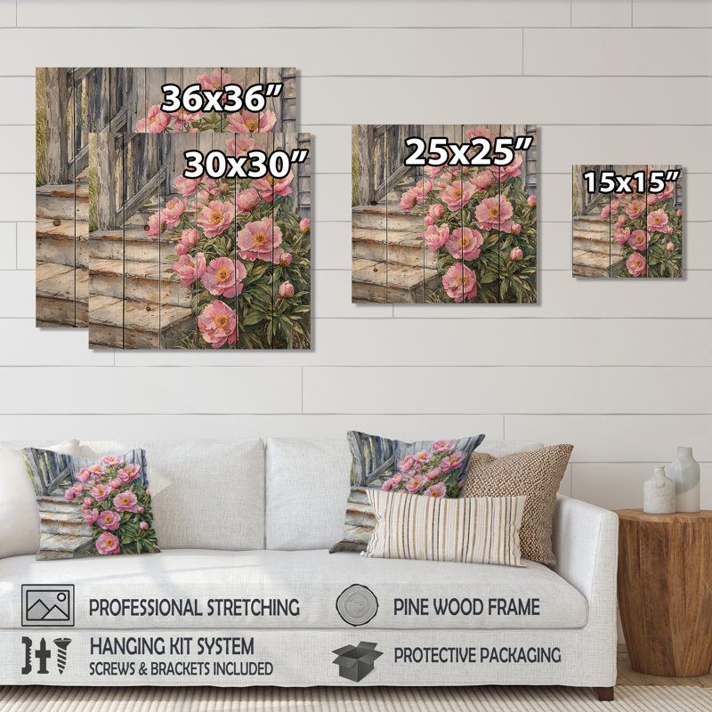 Pivoines roses par The Farmhouse Steps II - Décoration murale en bois de pivoines - sur bois de pin naturel