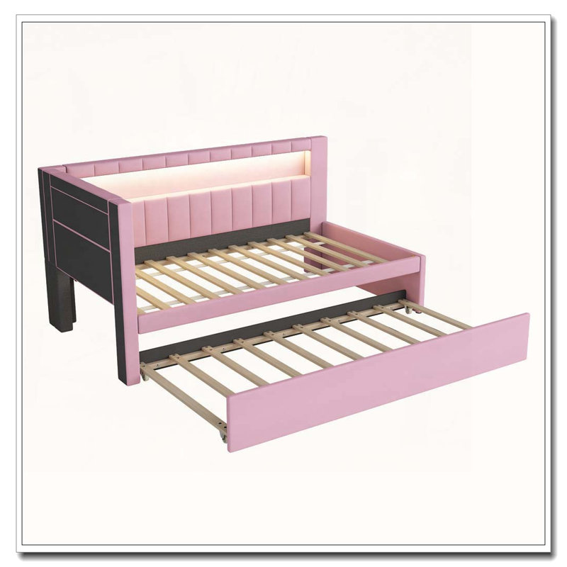 Upholstered Daybed with USB Ports and LED Belt, With Trundle, Twin, Pink
