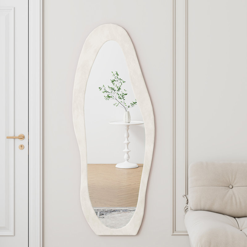 63" X 24" Wall - Hanging Full Length Mirror, Flannel Wrapped Metal Frame, Unique Irregular Shape, Shatter Glass, For Bedroom, Corridor, And Clothing Shop Body Covered Wavy Style, Shatterproof