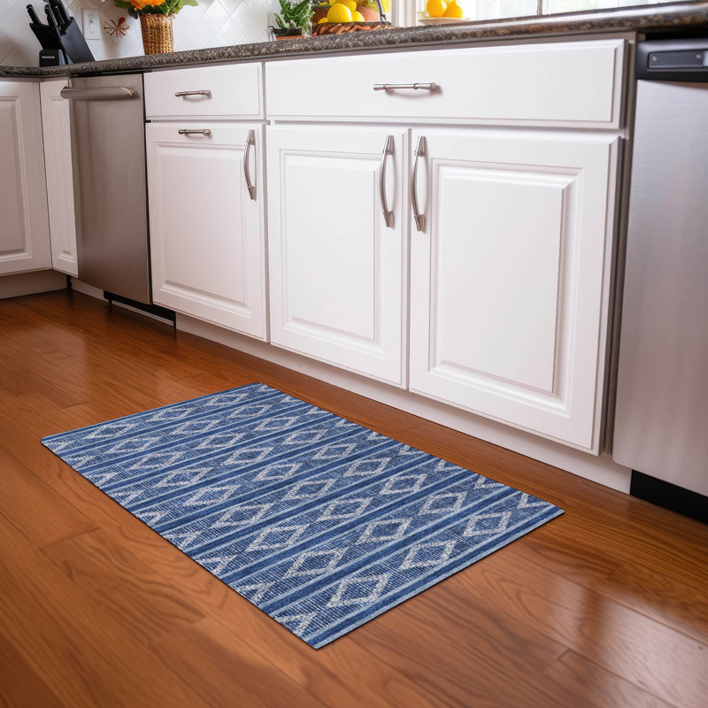 Navy Diamond Pattern Washable Synthetic Area Rug