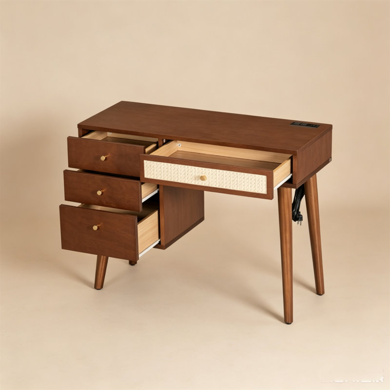 Ensemble de meuble-lavabo rétro en bois 39 po avec tabouret, prise de charge intégrée et port USB, coiffeuse avec 3 tiroirs de rangement et 1 tiroir rectangulaire en rotin