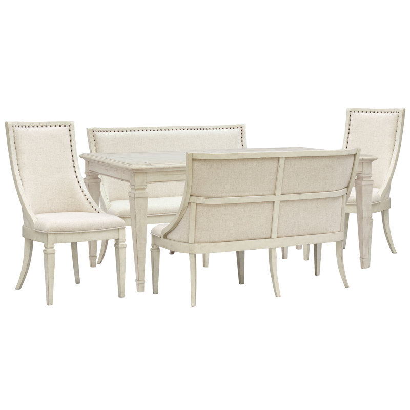 Extendable Rectangular Dining Table With 2 Upholstered Benches And 2 Arm Chairs, 5 Pcs: Table, 2 Benches, 2 Chairs