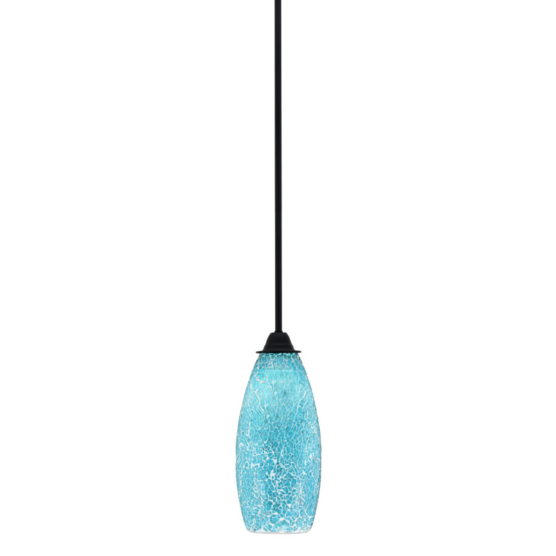 Paramount Stem Hung Pendant Shown In Matte Black Finish With 5.5" Turquoise Fusion Glass