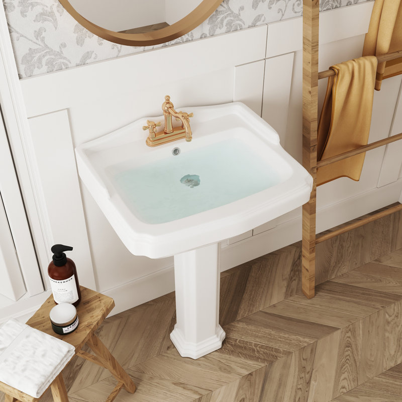 Dynasty 35.5" Tall Rectangular Vitreous China Pedestal Bathroom Sink with Overflow, White, Centerset Faucet