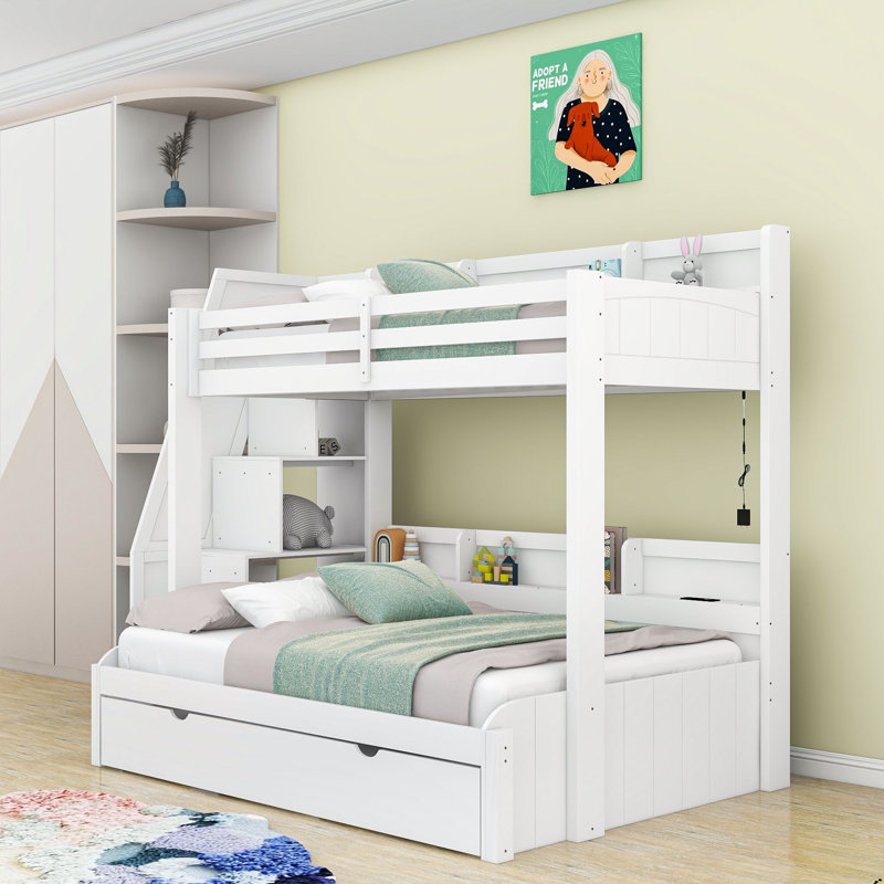 Lit simple superposé au dessus d'un lit double avec escalier de rangement, lit gigogne simple, DEL, USB et tablettes, Blanc