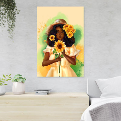 Fille tenant un tournesol - 1 pièce, reproduction d'art graphique sur toile tendue