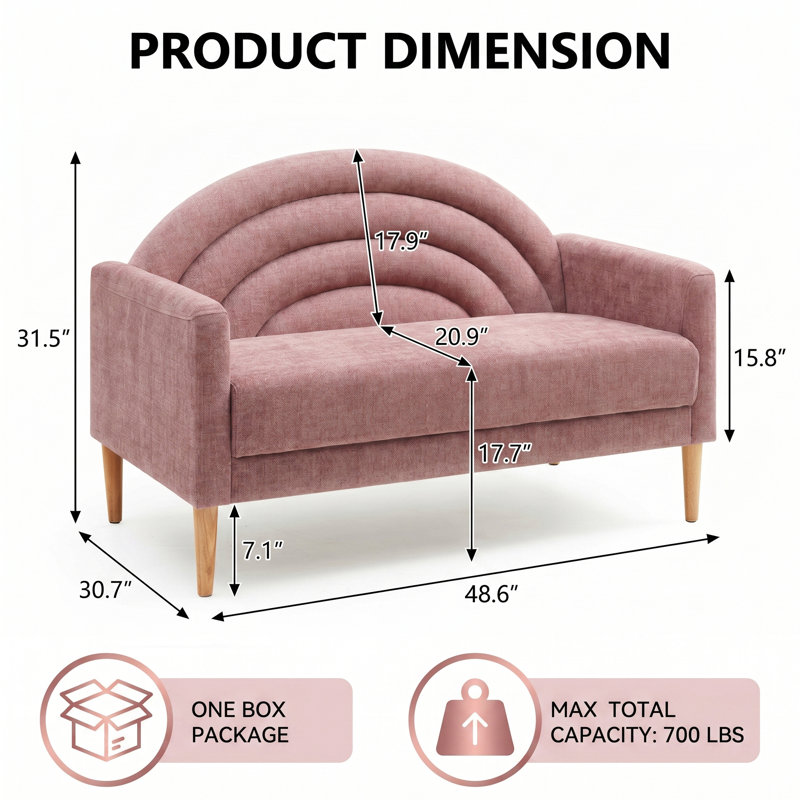 Canapé rembourré à deux places Michala, Polyester rose, H 31,5 po x l 49,6 po x P 30,7 po