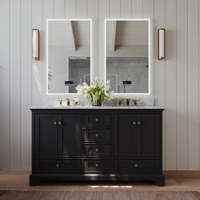 Ensemble de meuble-lavabo double 60 po Varna, Noir onyx / or brossé, Marbre blanc de Carrare