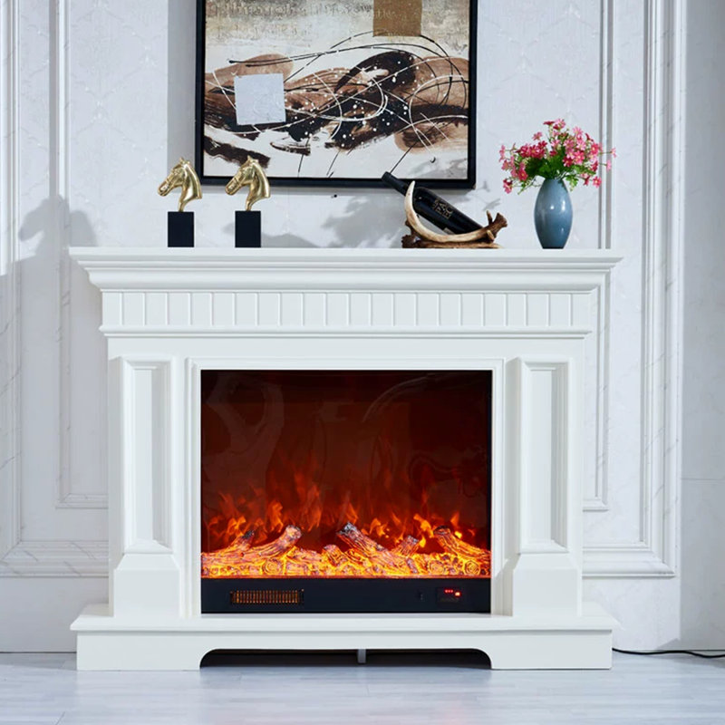 Beige Solid Wood Electric Fireplace, White